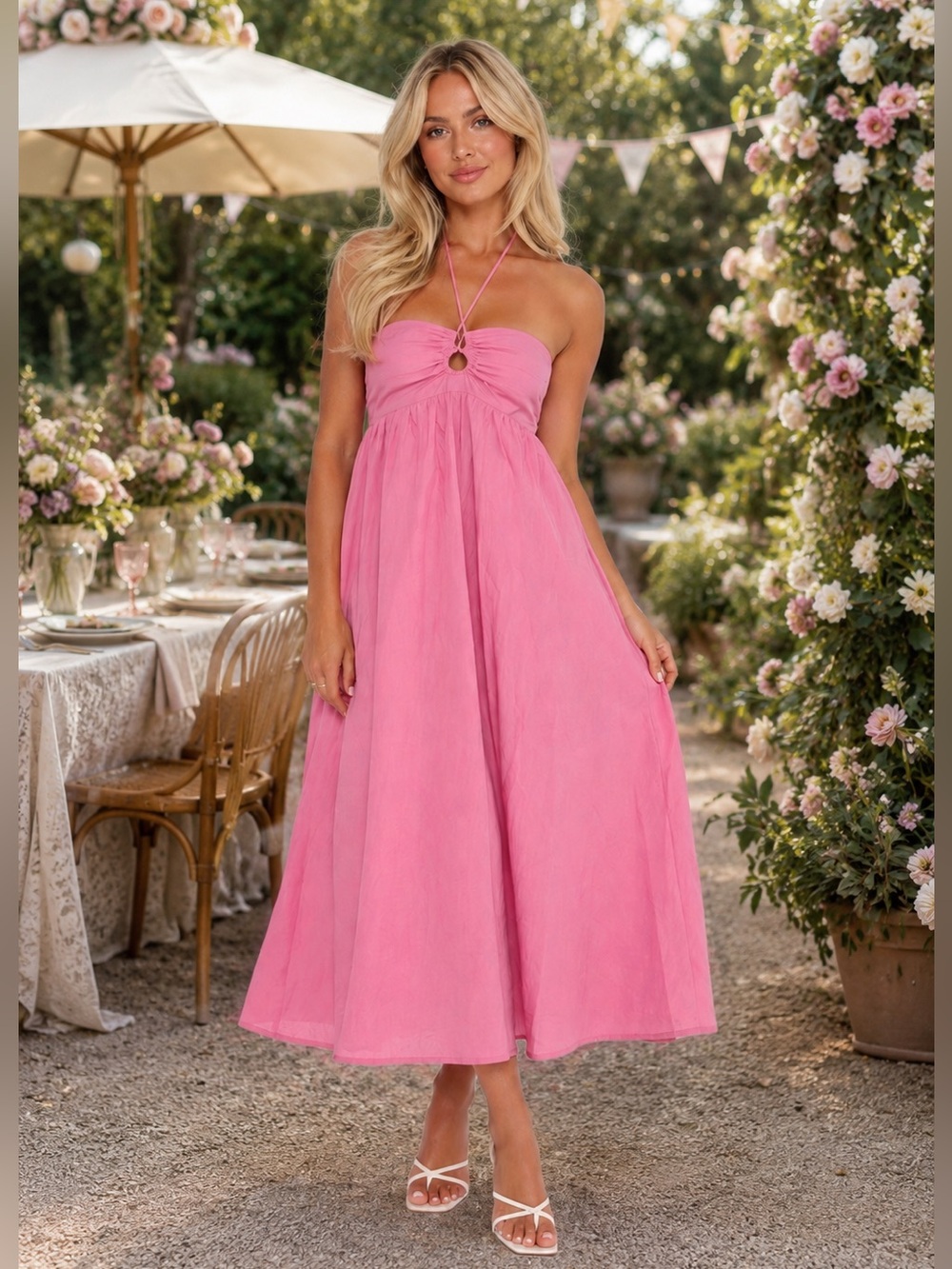 Garden party Wedding guest Cotton Strapless Pink Midi Dress princess Polly 8